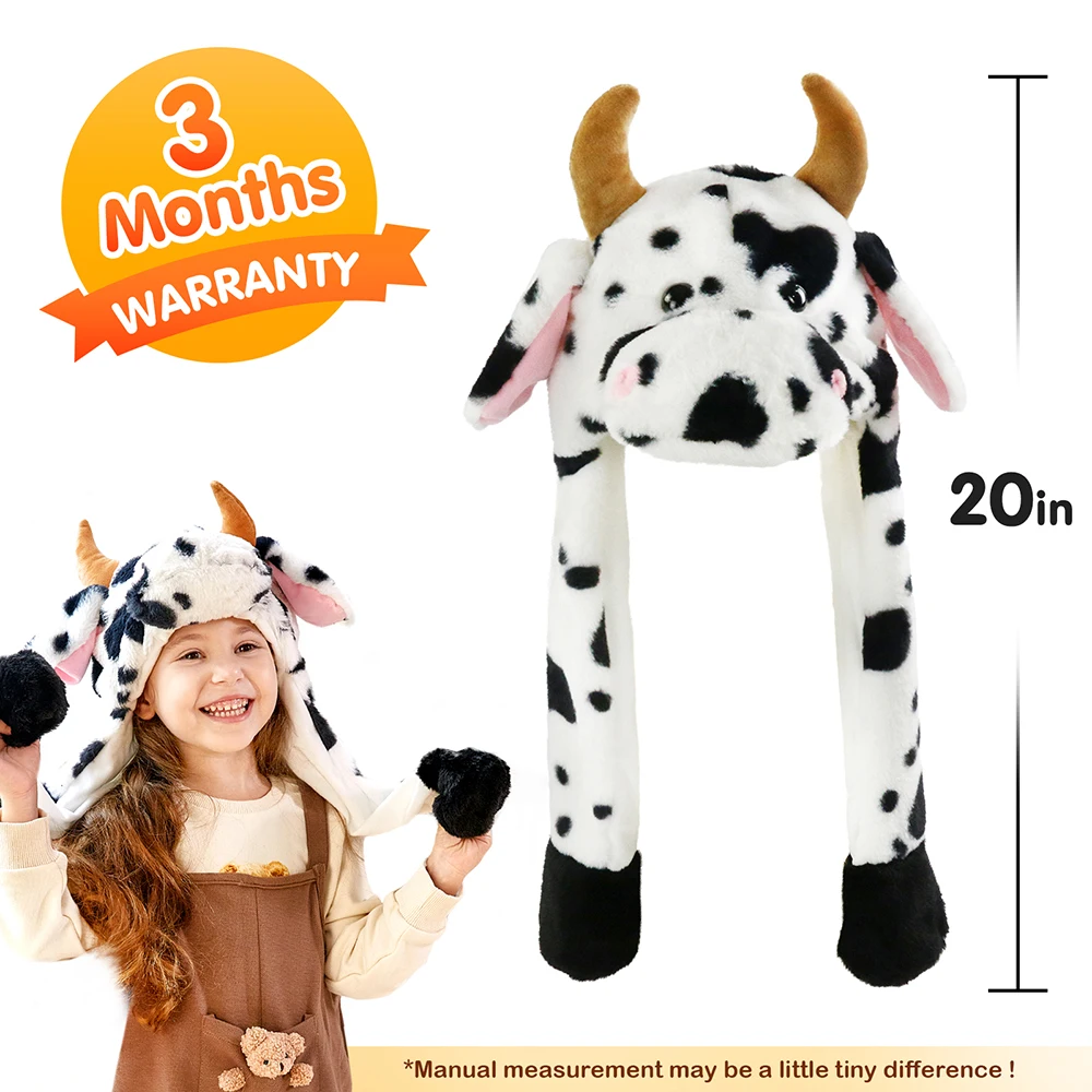 23cm Ear Moving Jumping Hats Stuffed Cow Funy Interactive Hat for Kids Girl Boy Cosplay Christmas Party Hat Plush Animal