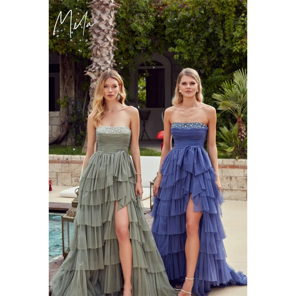 

Mila Strapless Sleeveless Customized Party Dresses Side High Split Prom Dresses Cascading Ruffle Floor-Length Evening Dresses