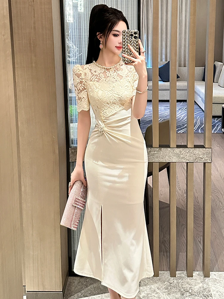 エレガントな社交家誕生日パーティードレス女性フレンチスタイルパールシアーレースひだスリットフィッシュテールローブファムイブニングウエディングドレスvestidos