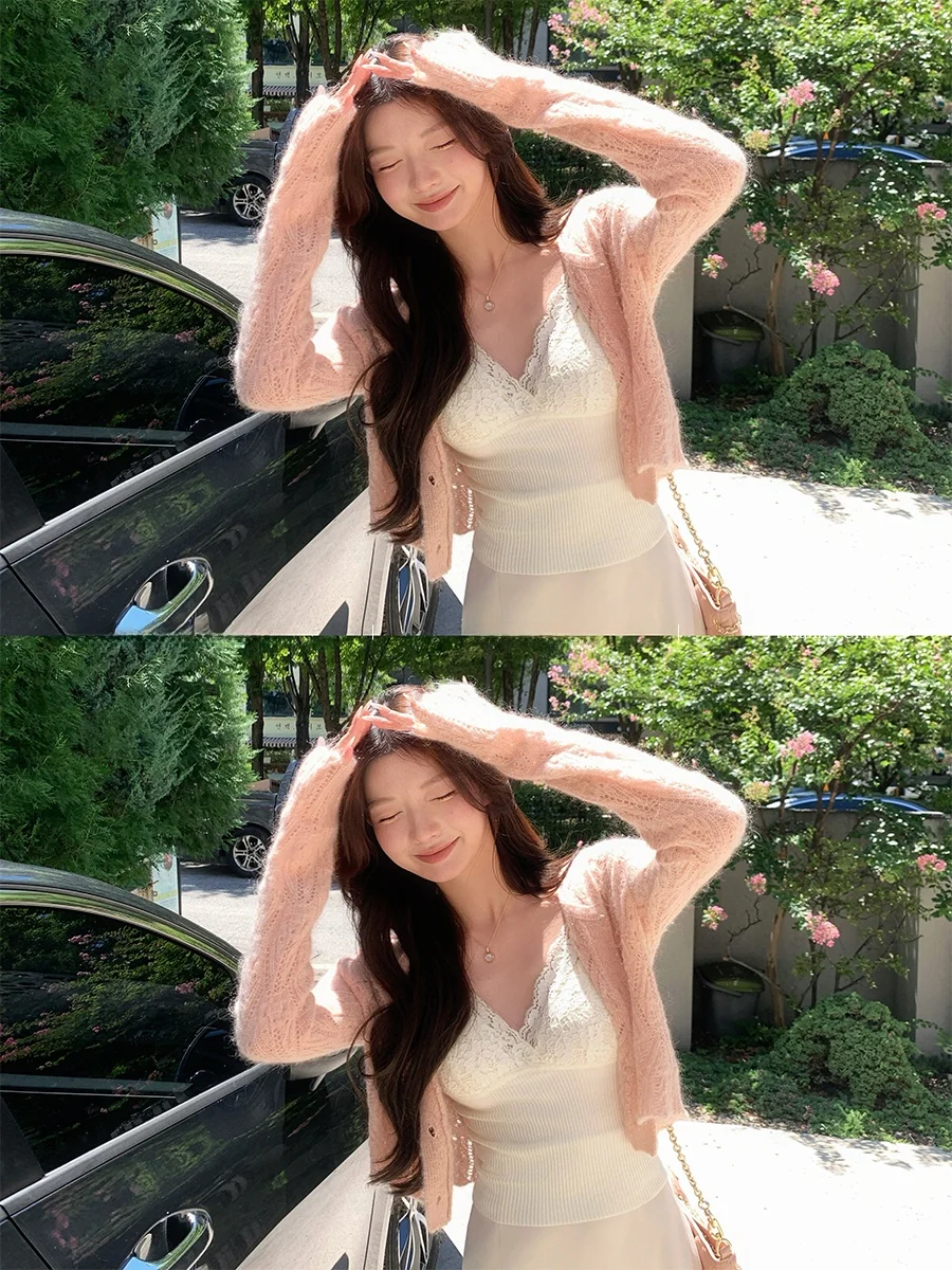 

CloudSweet Mid-century Lace Trim Knitted Cardigan And Strap Top Women's Two-piece Set Long Sve V-ne Button Closure