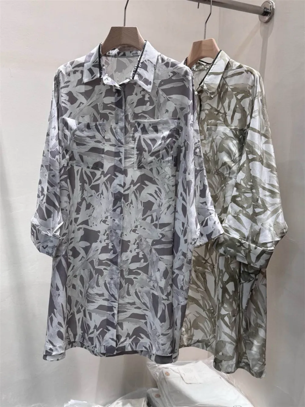 2025 Spring Summer Women's Shirt Dress Silk Printed Loose Straight Mid-Long Skirt Woman Clothing