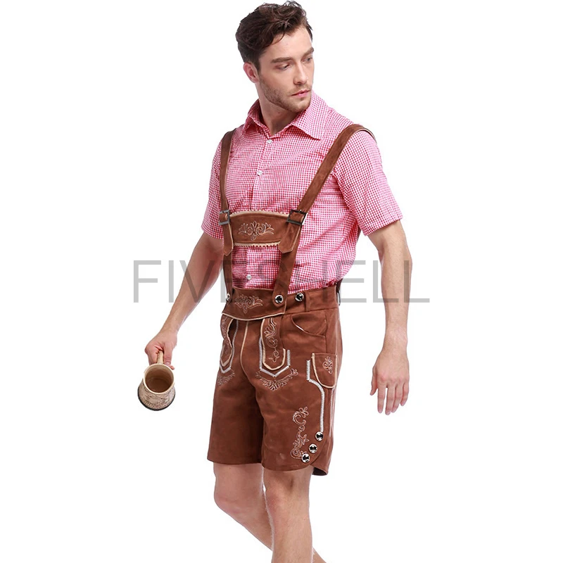 Germany Oktoberfest Man'S Costume Blue Red Shirt Short Sleeve Adjustable Embroidery Suspender Shorts Halloween Cosplay Costumes