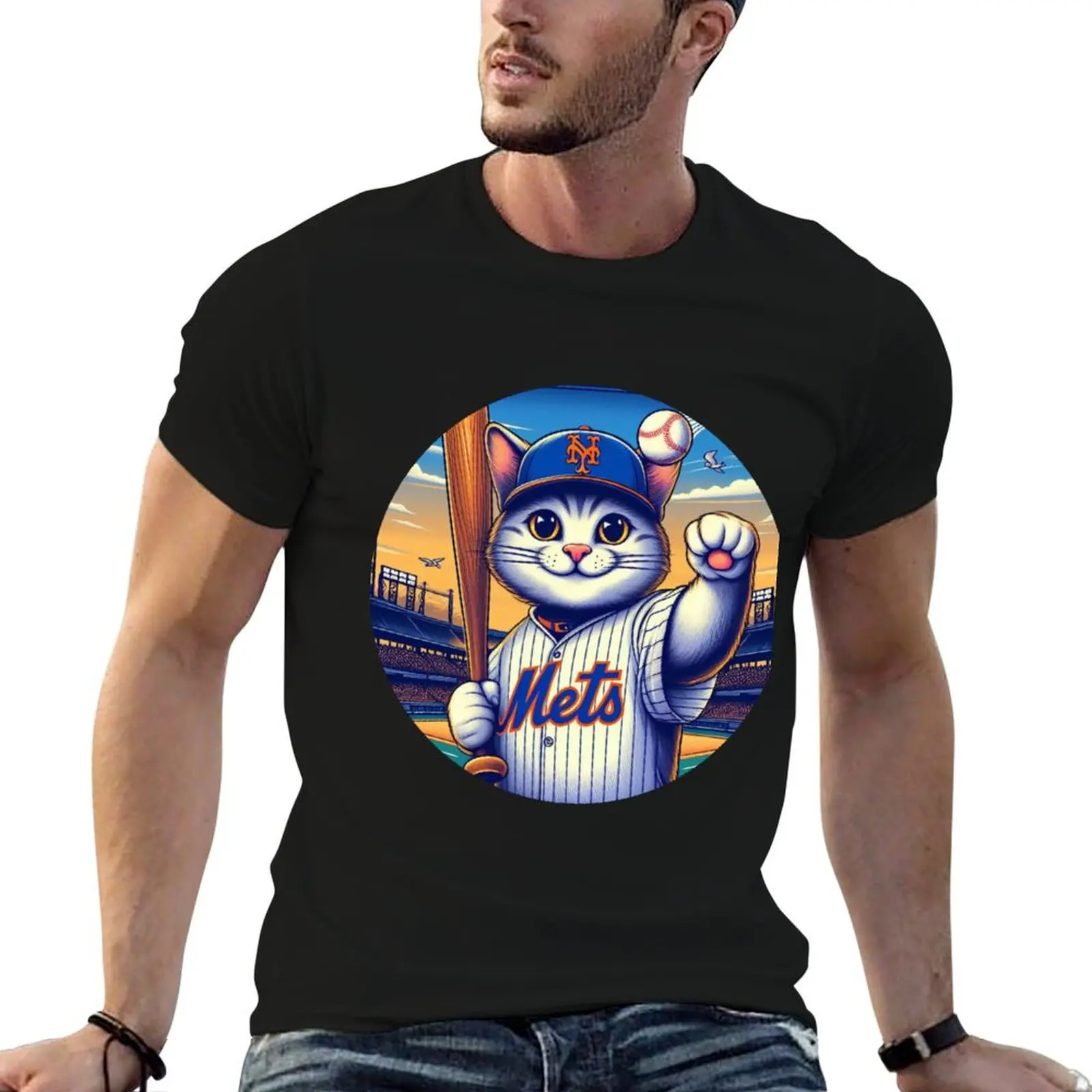 NY Mets Cat T-Shirt cute tops boys animal print rapper graphic tees t shirts for men