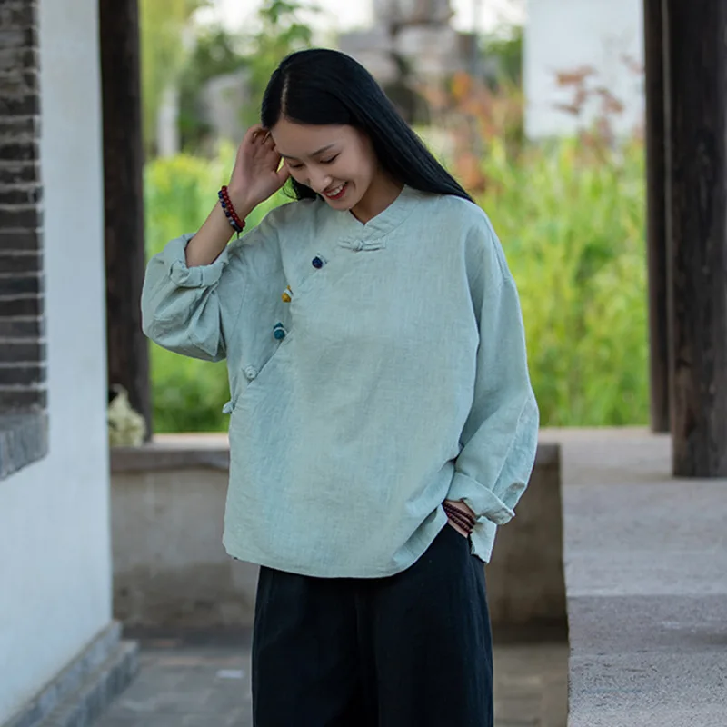 

Spring Chinese Style Women Long Sleeve Loose Casual Shirts Vintage Single Breasted Cotton Linen Blouse Female Tops High Quality