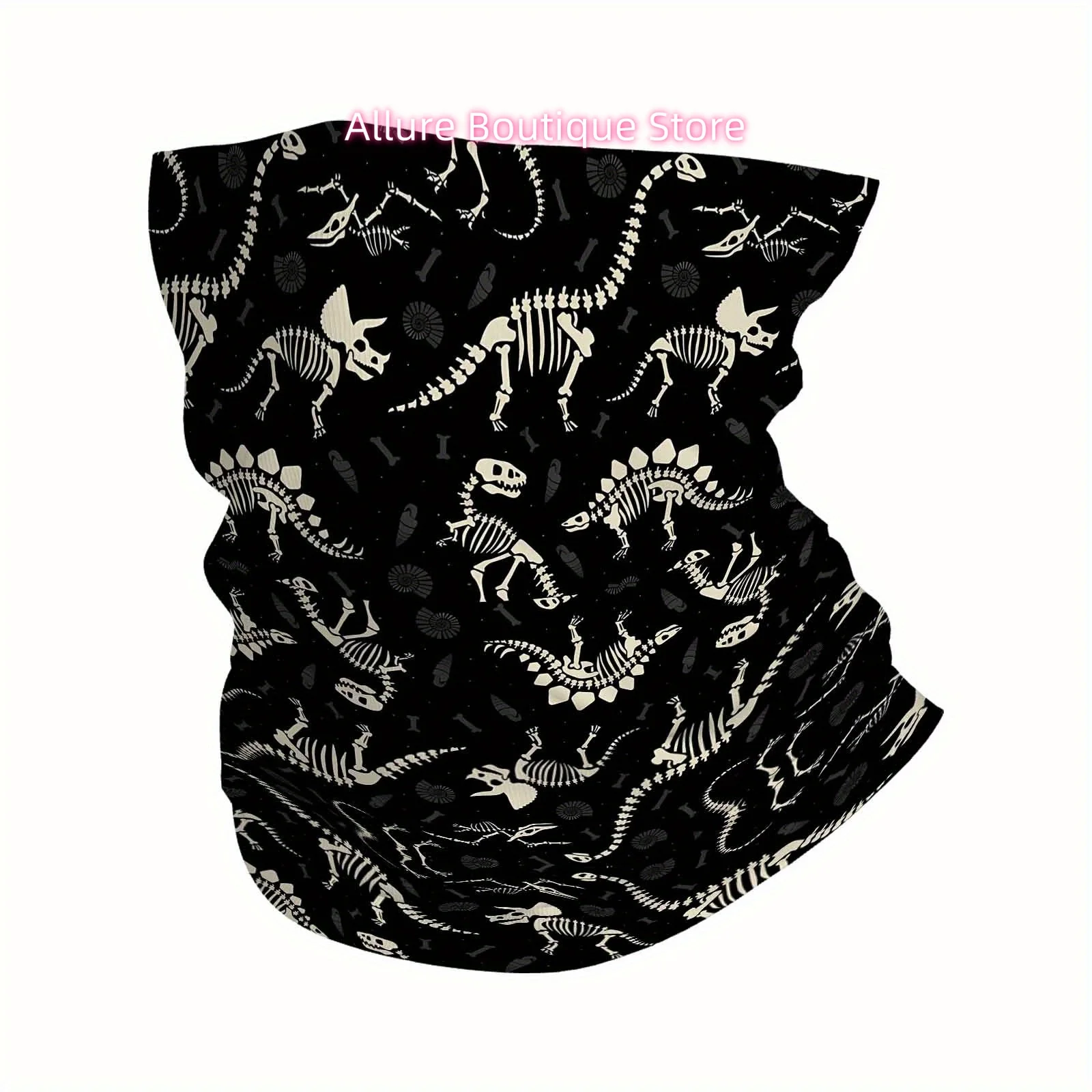 Dinosaur Skeletons, Black Background, Fossil Pattern Multi Functional Print Scarf Men Women Unsix Mask Neck Mask Holiday Events