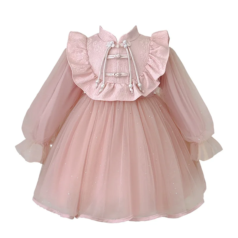 Girls' Dress2024Autumn New Gentle New Chinese Style One-Word Buckle Pettiskirt Children's Birthday Dress Fashion