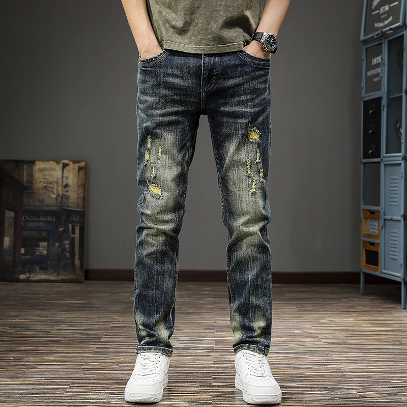 

High-end American vintage do old wash men's jeans fashion brand ripped beggar pants spring and fall straight leg pants