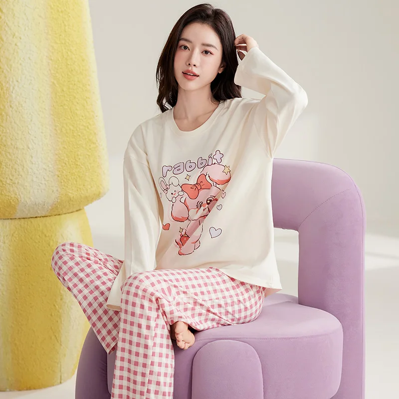 Spring Autumn Women Clothing Cotton Long Sleeves Sleepwear Casual Woman Full Pajamas Sets Pullover Loungewear 2 Pieces Homewear image 6