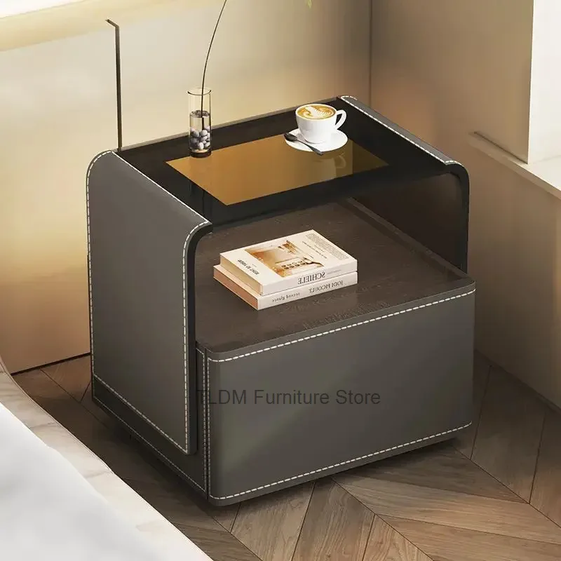 and Modern Two-Tier Nightstand Open with Leather High Gloss Storage Top Shelf Luxury Bedside Table for Bedroom Living Room