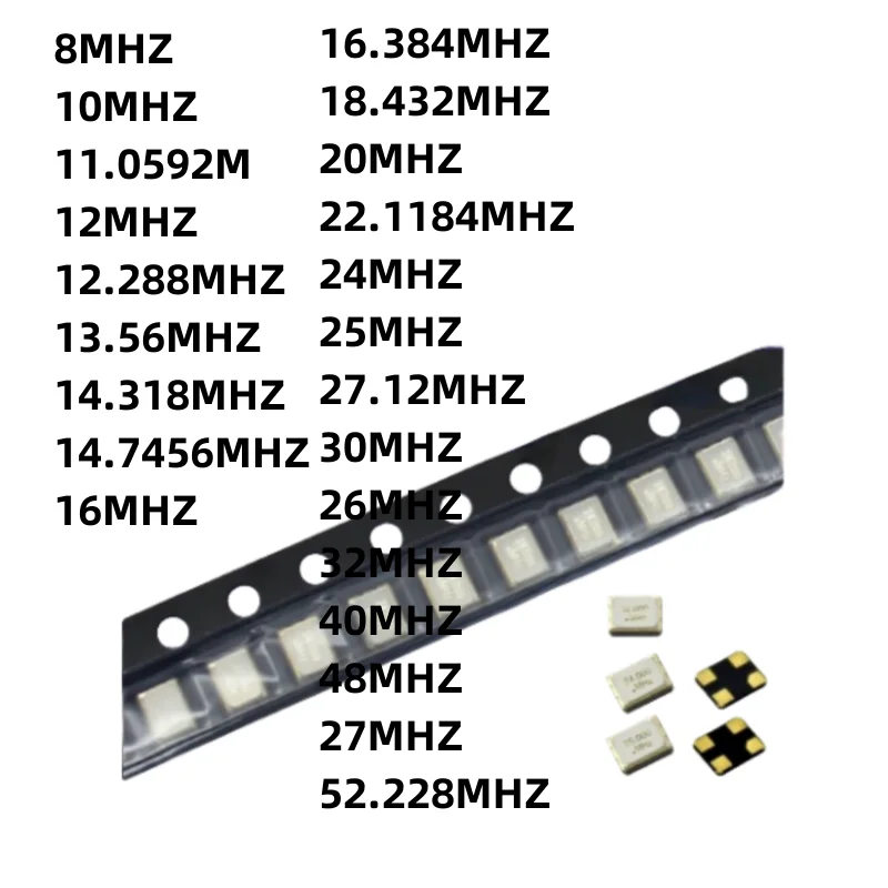 (50pcs) 3225 Passive crystal oscillator SMD 3.2*2.5mm 8MHZ 10MHZ 12MHZ 16MHZ 20MHZ 24MHZ 25MHZ 26MHZ 27MHZ 30MHZ 32MHZ 40MHZ