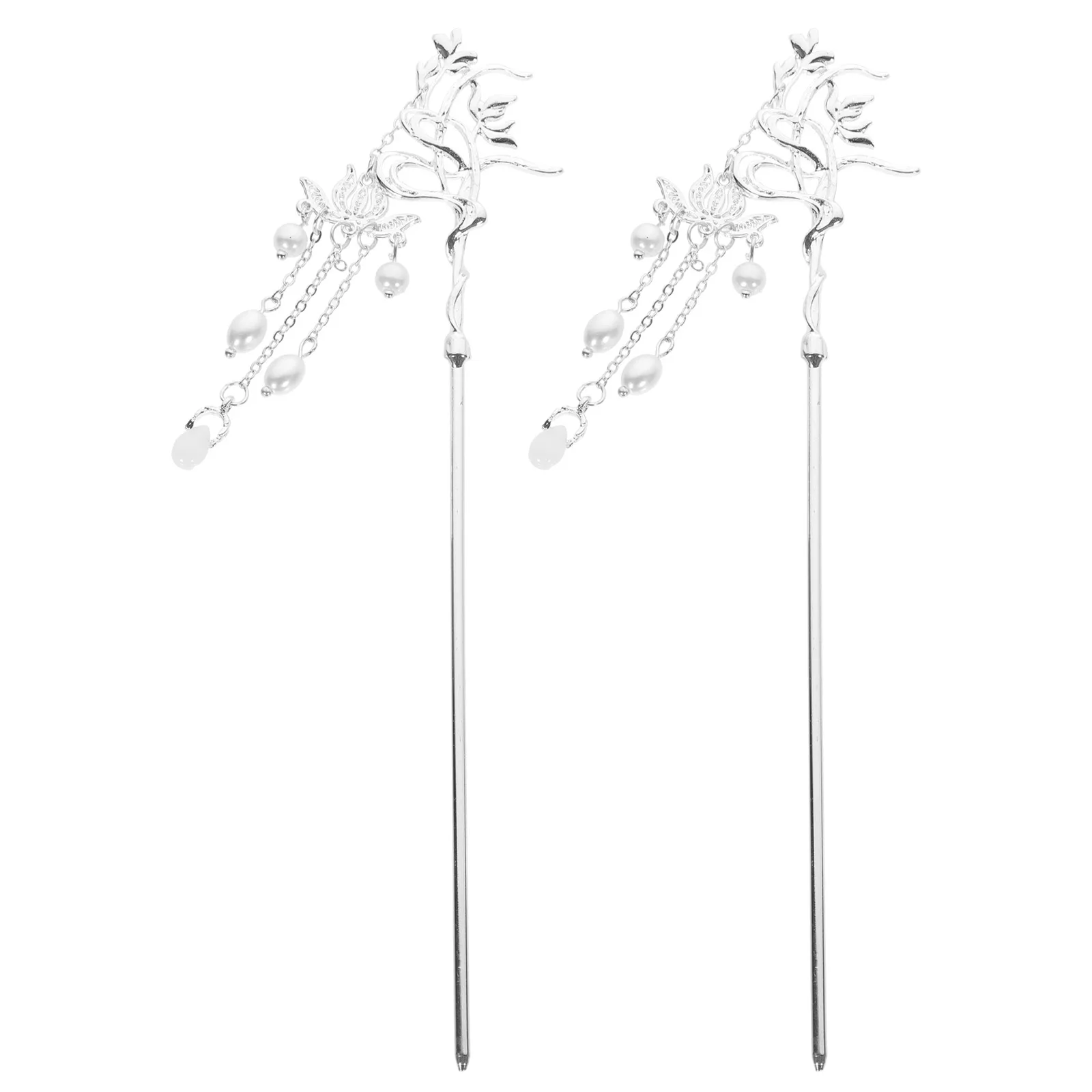 

2pcs Pearl Lotus Hairpin Stick Elegant Silver Tassels Women'S Hair Bun Pin For Wedding Long Tassel Dangle Chinese Style Hair