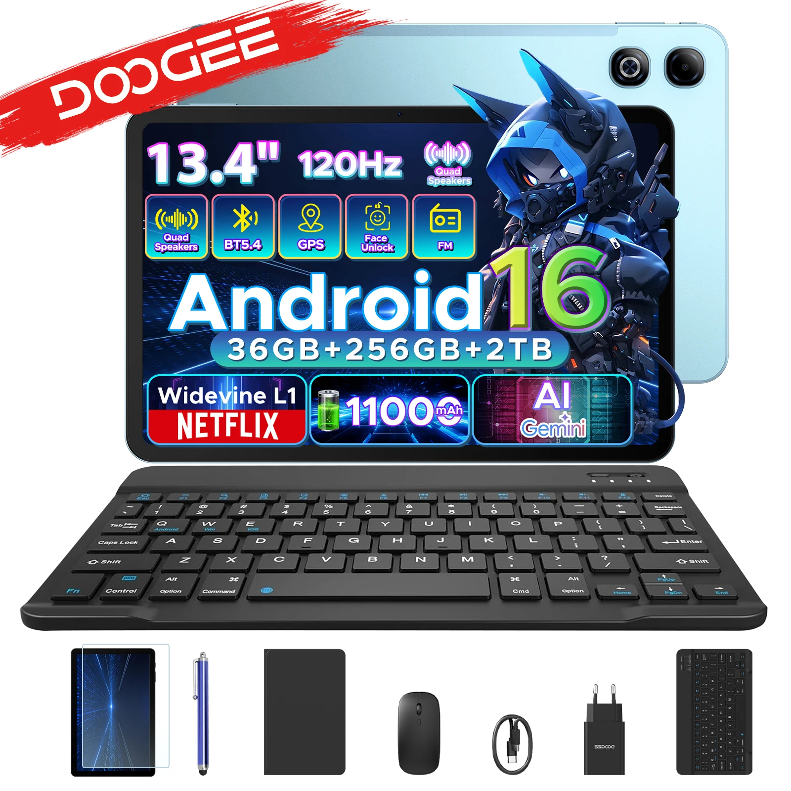 Tablet PC 2 en 1 DOOGEE U13 Pro, Pantalla de 13.4 Pulgadas y 120 Hz, Android 16, Batería de 11000 mAh, 36 GB de RAM (6+30), 256 GB de ROM, Gemini AI, Netflix, Widevine L1, Compatible con Smart Pad