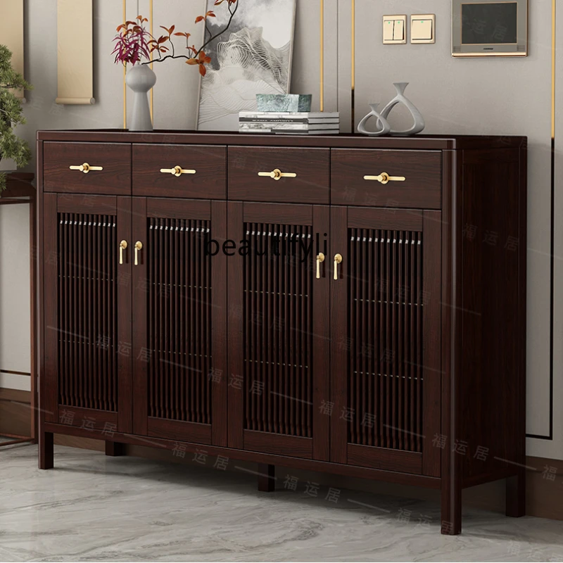 New Chinese Style Shoe Cabinet Household Solid Wood Grille Integrated Wall Breathable Large Capacity Hallway Storage