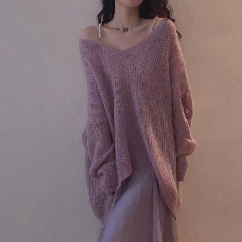 Loose Casual Knitted Sweater Women's Style Spring New Lazy Fashion Shoulder Bared Heart Neck Knitwear Resistant Wrinkle