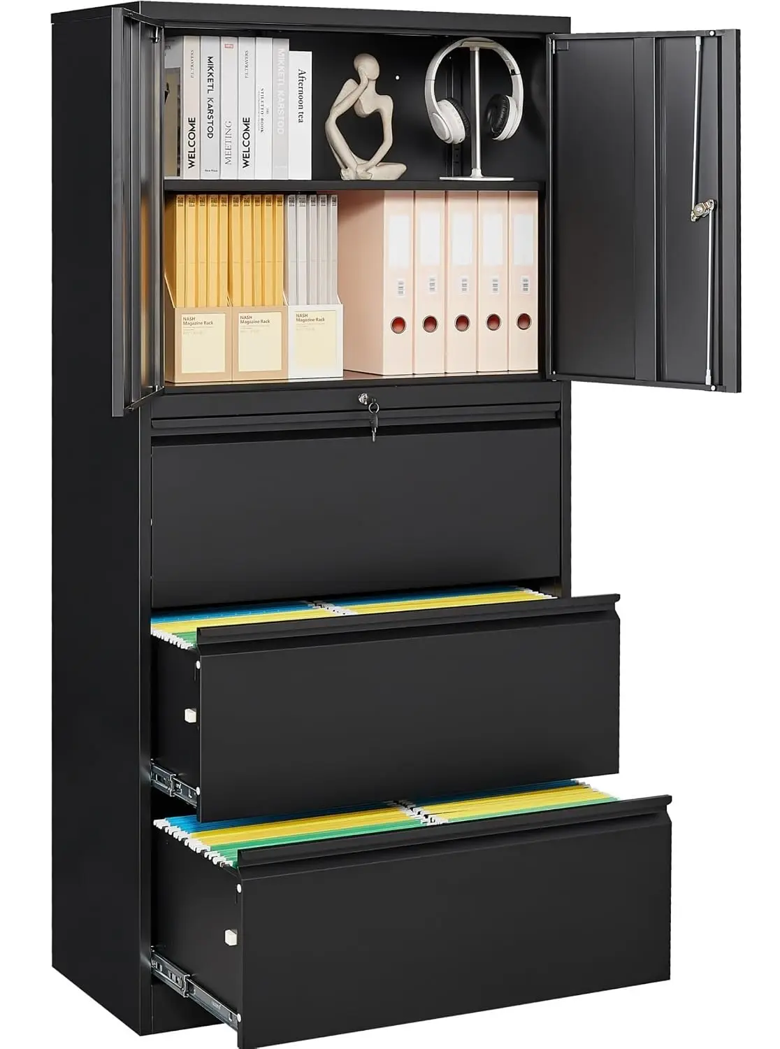 3 Drawer Metal Lateral File Cabinet with Lock & Shelf, Home Office Storage, Black, Customized