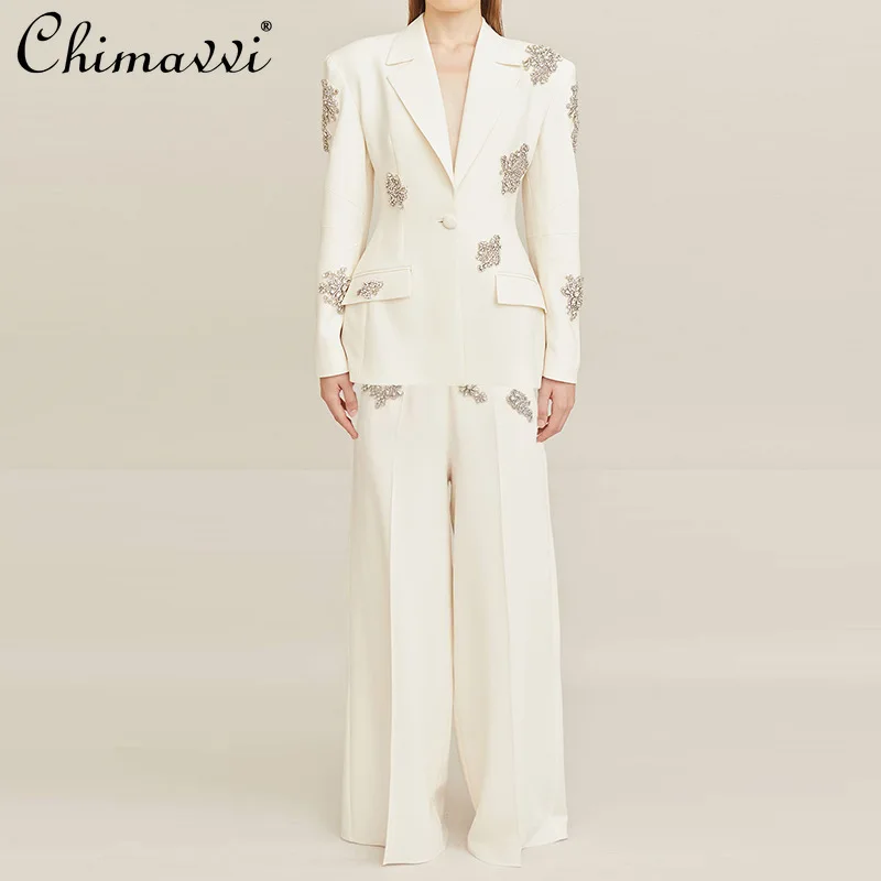 

American Elegant Fashion Commuter Heavy Industry Beaded Diamond One-Button Blazer High Waist Wide-Leg Pants Two-Piece Set Women