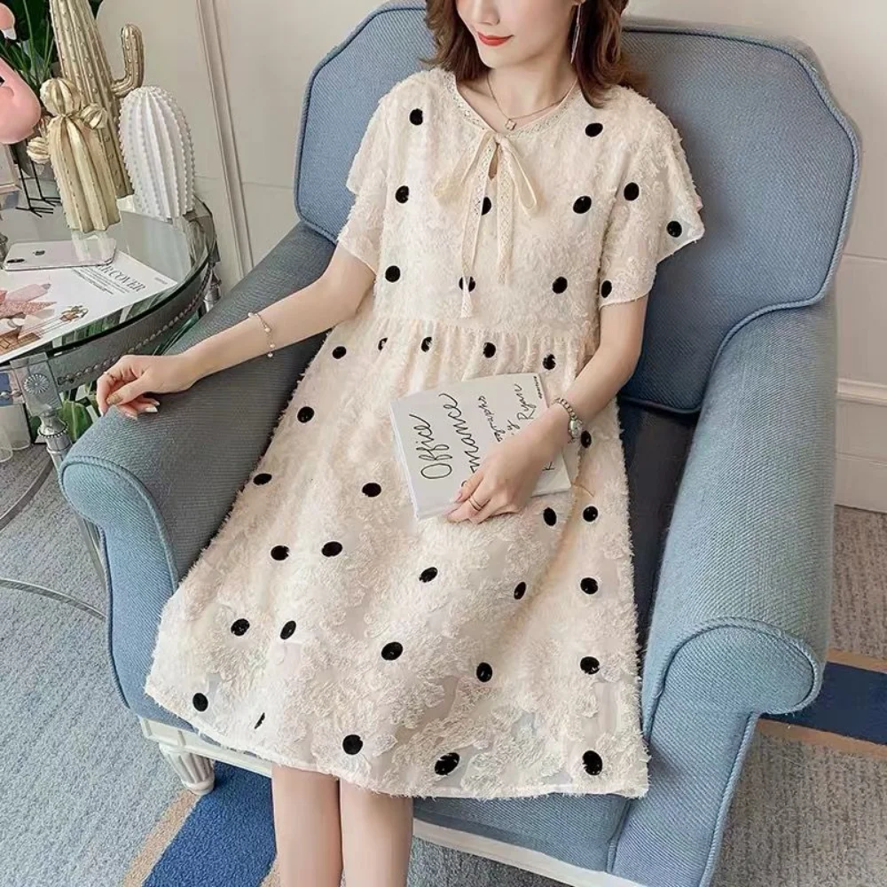 maternity dress New Polka Dot Print Dress Matching Short Sleeve A-Line Dress With Sash Clothes pregnancy photoshoot dress