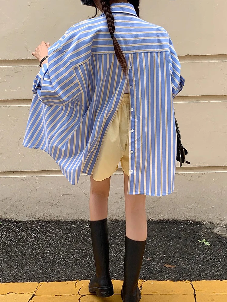 

Spring New Chic Women's Loose Casual Striped irt Ba Single Button Design Slit Cotton Long Sve round Ne Commute Sle