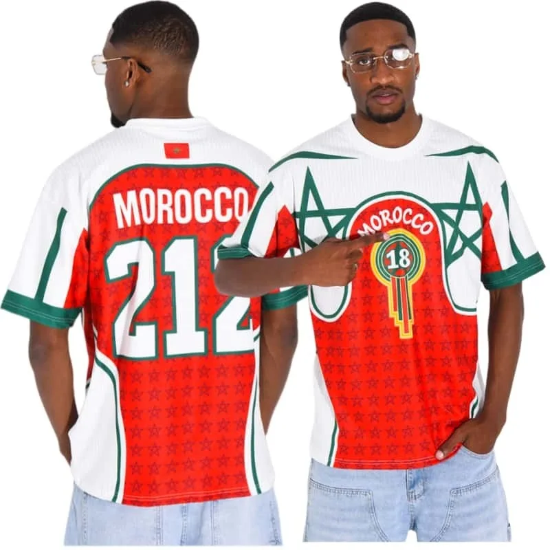 2026 New Morocco-themed Jersey, Color Block David Star Print No. 18 & 212 Short-Sleeve Unisex Breathable Casual T-Shirt for Fans