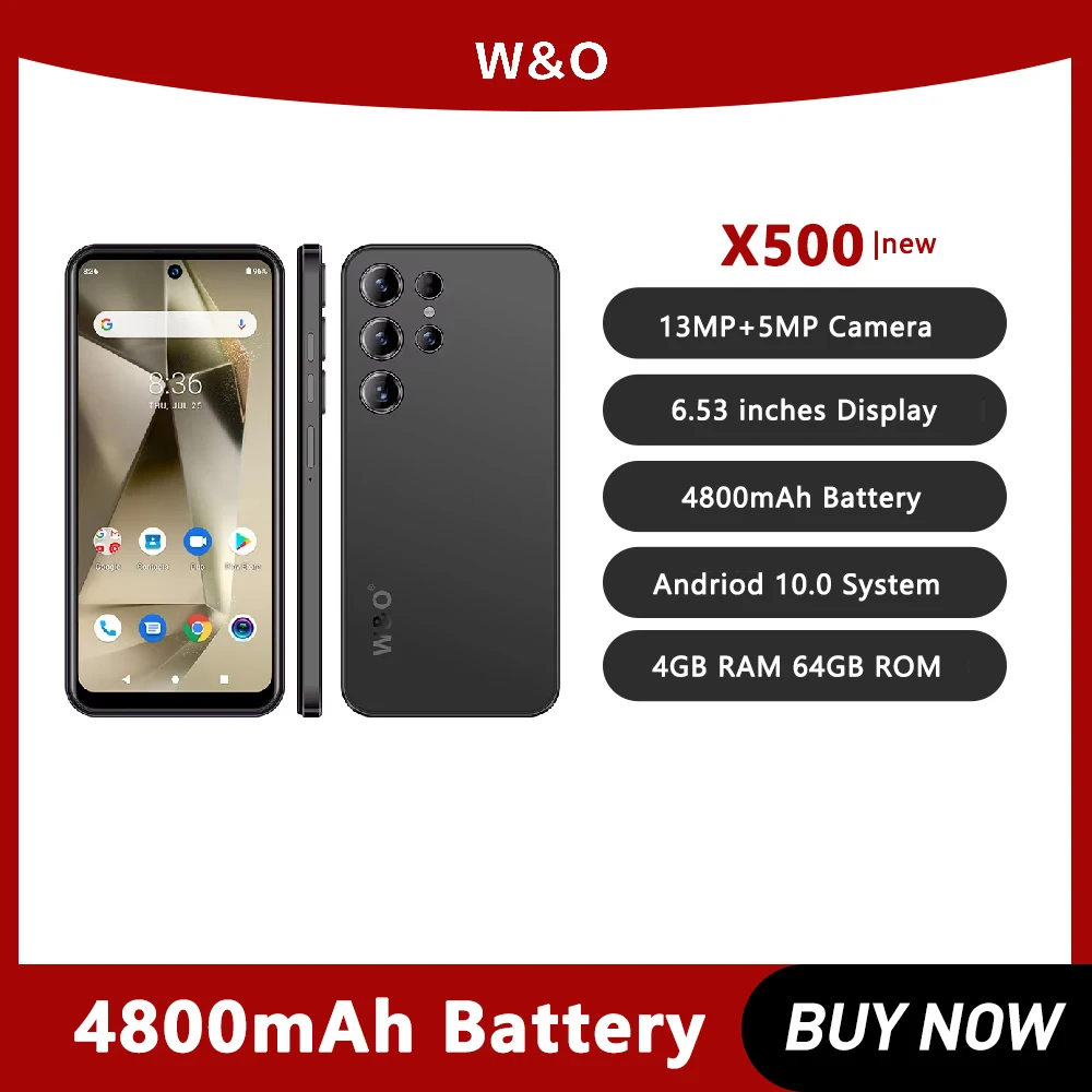 W&O X500 Smartphone 4G 6.53 Inch Android 4GB RAM+64GB ROM Mobile phone Dual SIM 4800mAh Battrey 5+13MP Camera Cell Phone On Sale