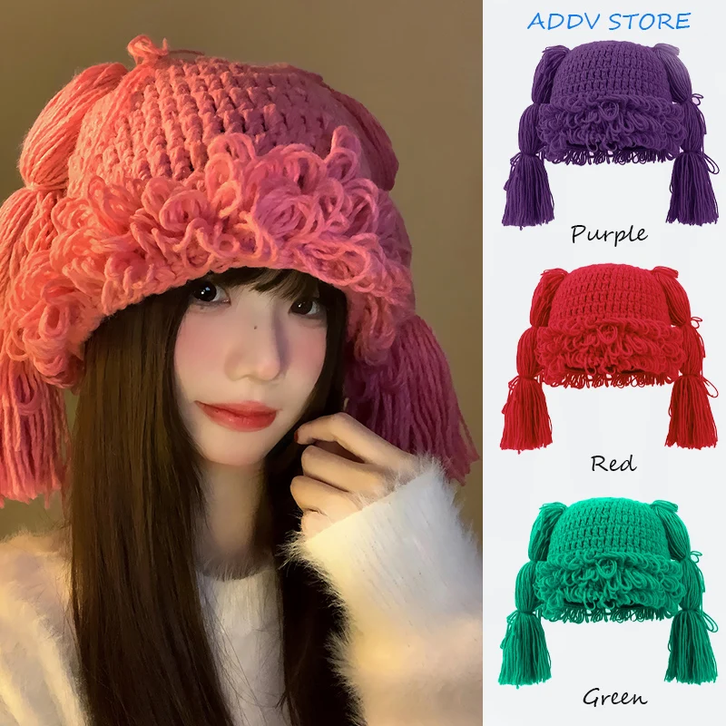 Y2k Kawaii Japanese Braided Design Beanie Knitted Bunny Hats for Women Men Autumn Winter Warm Personality Pullover Beanies Caps