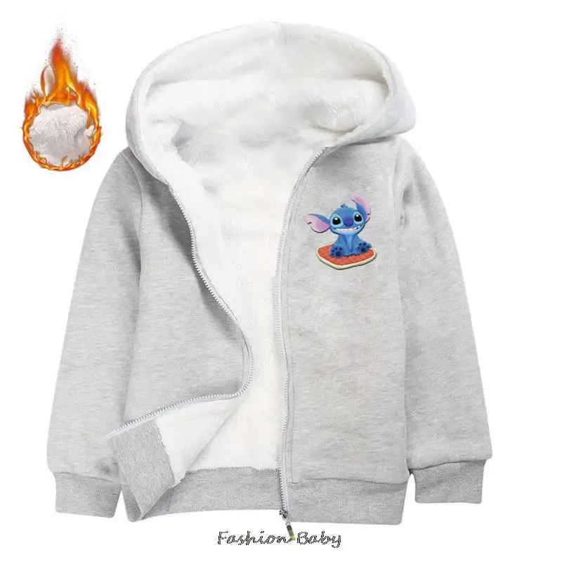 Disney Stitch New Children Coat Baby Hoodies Collar Thicken Warm Jacket Girls Cartoon Overcoat Winter Kids Girls Casual Outwear