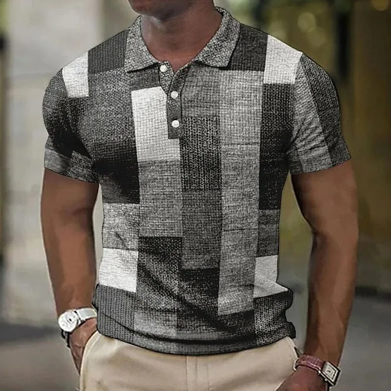 Patchwork Color Block 3D Print Polo Shirts Men\'s Fashion Vintage Streetwear Oversized Short Sleeve Shirt Tees Tops Man Clothing