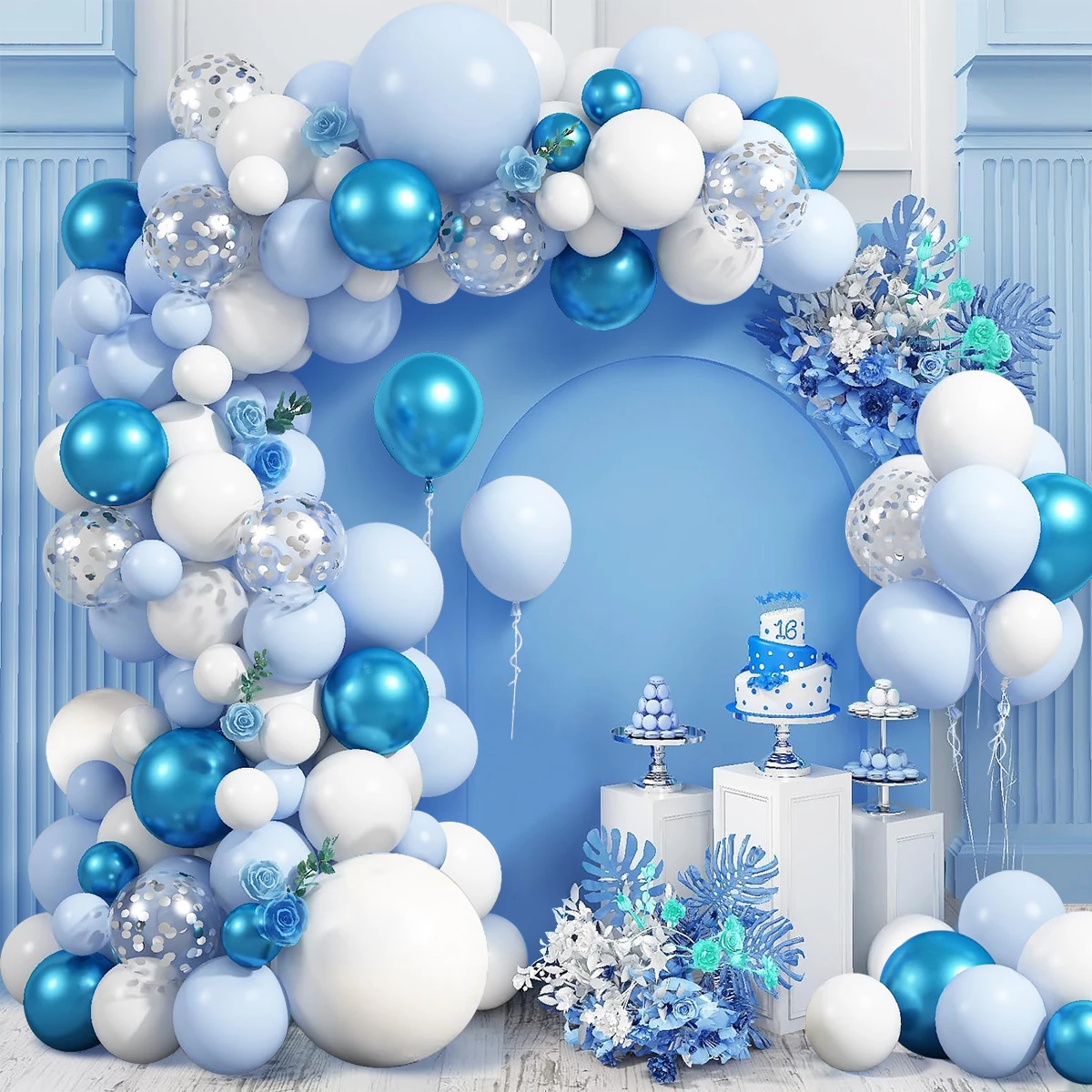 Blue White Sliver Balloons Garland Arch Kit for Boys Birthday Party Decoration Confetti Balloon Baby Shower Wedding Party Supply