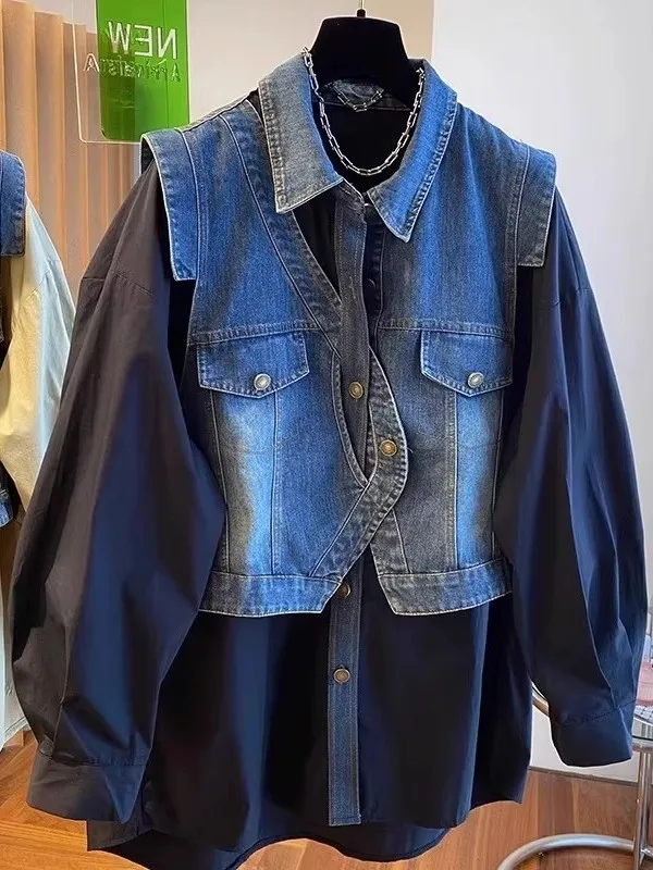 

plus Size Men's Casual Loose Denim Shirt Jacket Patchwork Spring Autumn Breathable Comfortable Long Sleeve Button up Top
