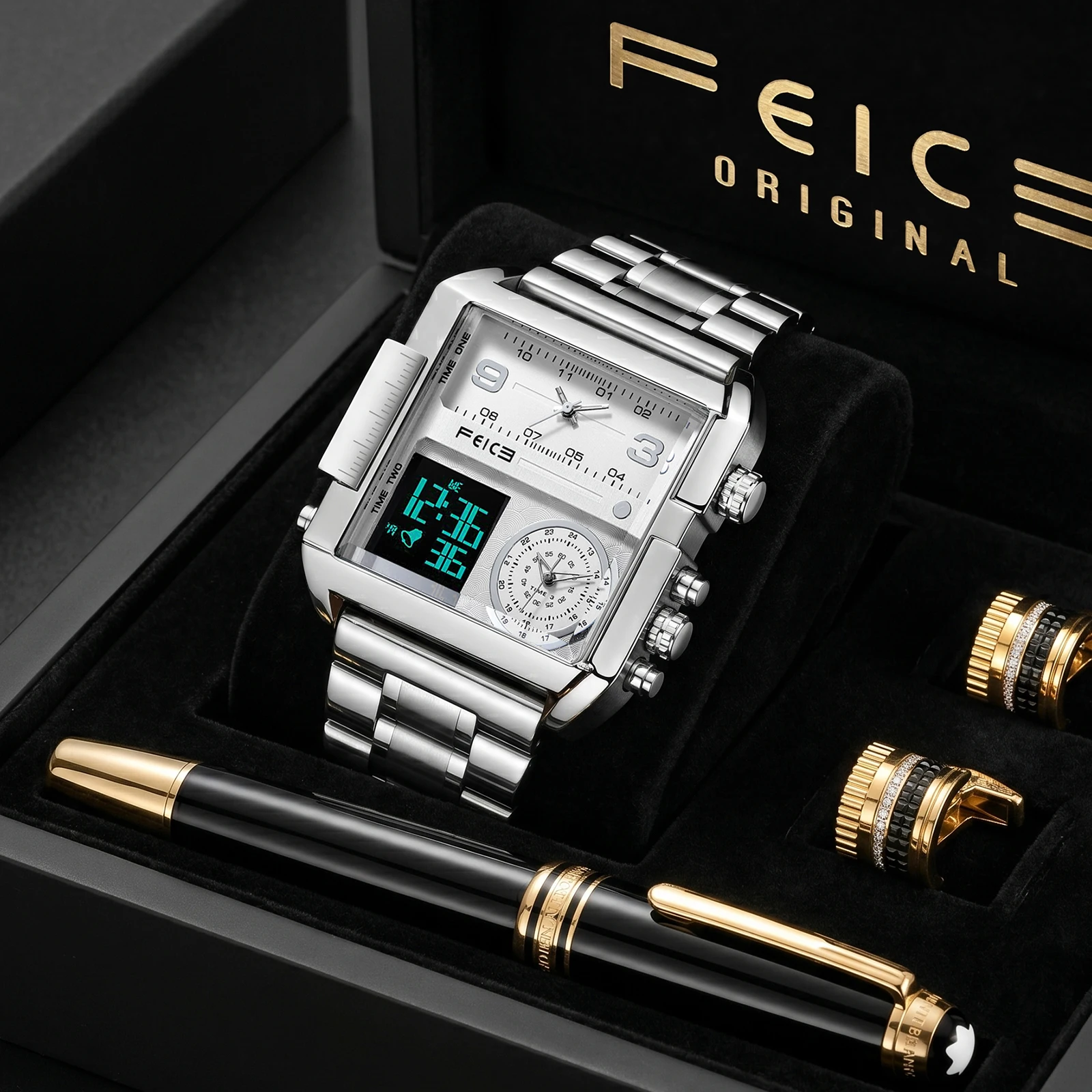 FEICE Men's Watch Large Dial Waterproof Wristwatch Business Quartz Square Multifunction Stainless Steel Strap Waterproof FK030