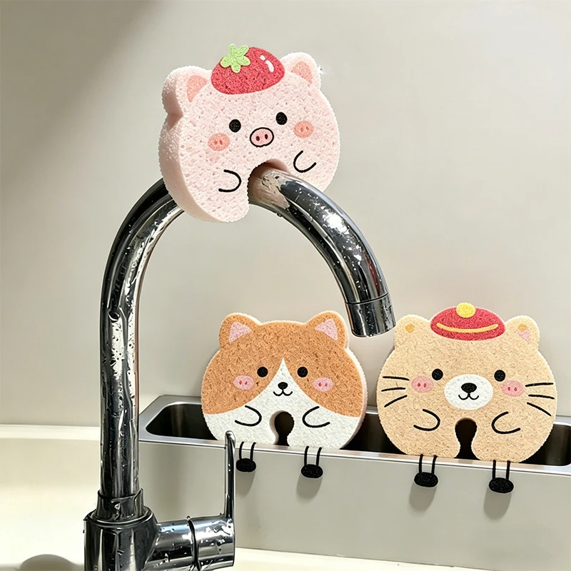 Creative cartoon wood pulp cotton hanging faucet cute and fun dishwashing cotton