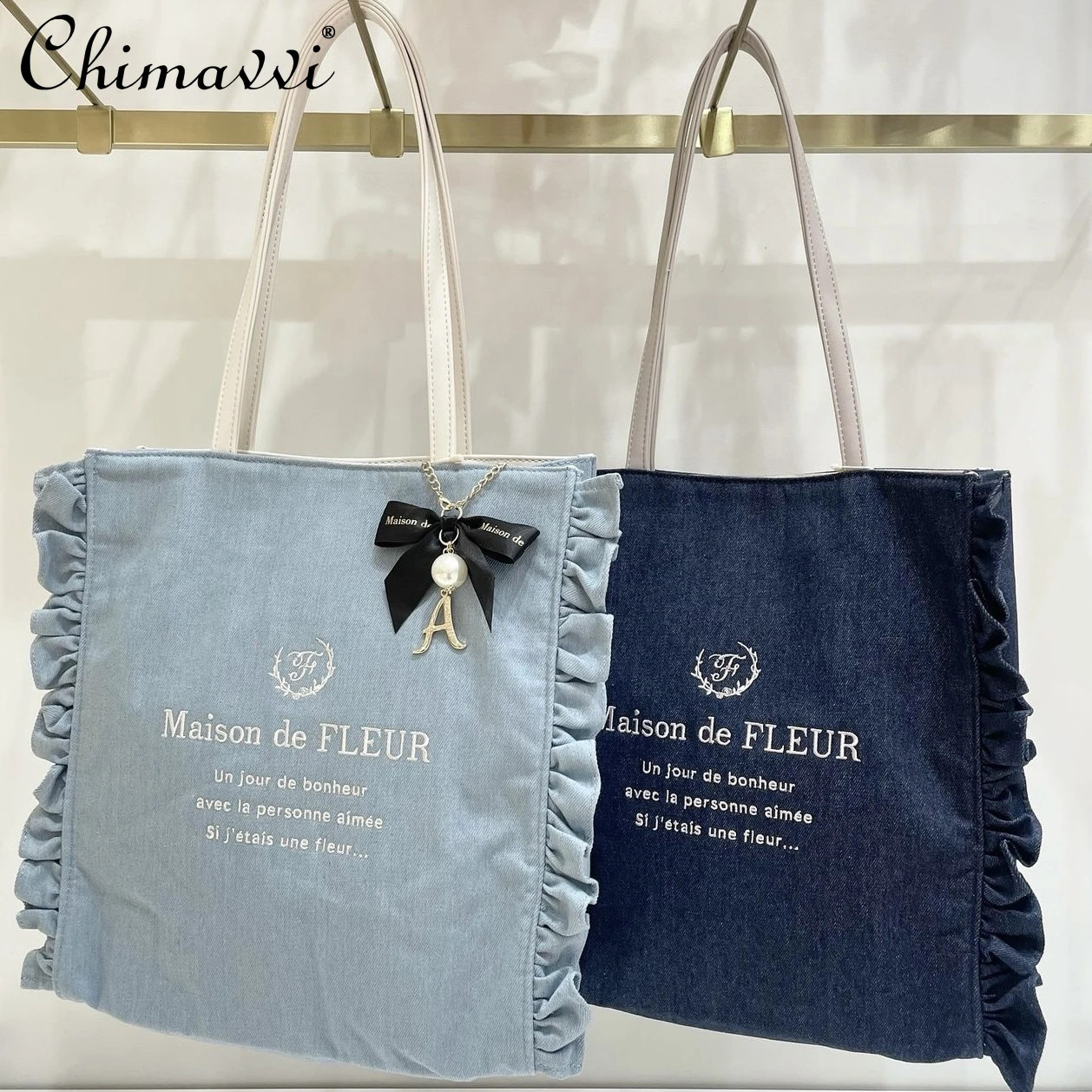 Japanese New Sweet Girls Letter Embroidered Denim Leather Splicing Shoulder Commuter Bag Casual Large Capacity Tote Handbags