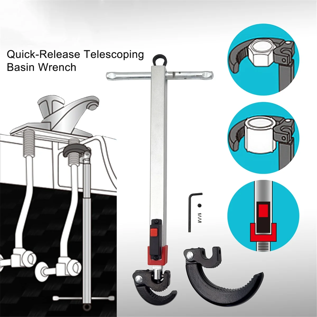 

Телескопический ключ для раковины A08R, емкость челюсти от 1-1/4 до 2-1/2 дюйма и выдвижная ручка от 10 до 17 дюймов, ключ для раковины, ключ для раковины, ключ для смесителя