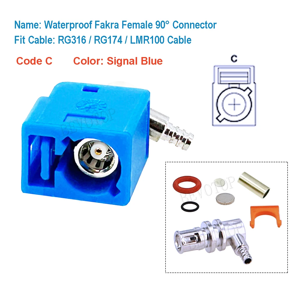 10Pcs New Waterproof Fakra A/B/C/D/F/G/H/I/K/Z Female Right Angle 90° Jack 50Ohm Wire Connector for RG174 RG316 LMR100 Cable