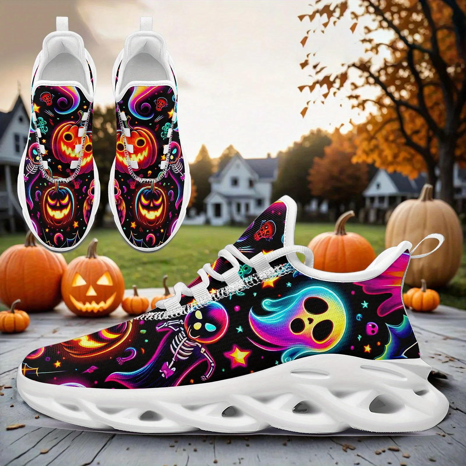 Custom Halloween Print Plus Size Sneakers For Men, Skeletal Ghost Pumpkin Graphic Soft Sole Shoes With Halloween Color Print, Li