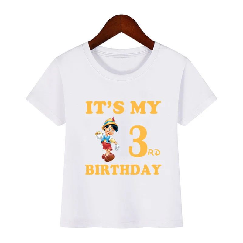 Hot Sale Pinocchio Print Kids Clothes It's My 1 2 3 4 5 6 7 8 9 Years Birthday Boys Girls Short Sleeve T shirt Baby T-Shirts