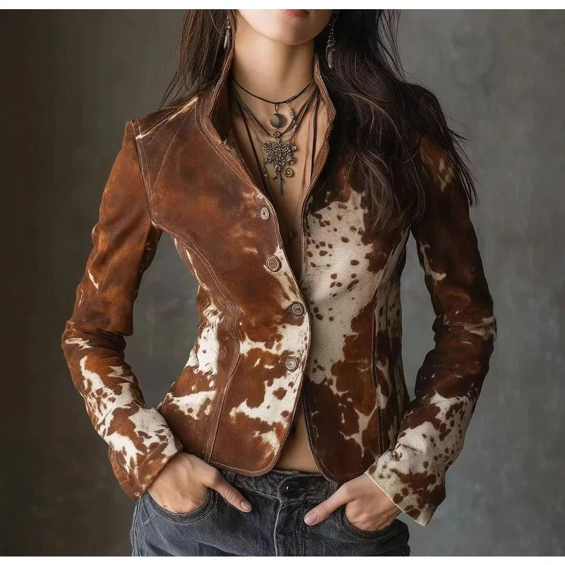 

European American Women's Clothing Lapel Printed Long-sleeved Jacket Single-breasted Personalized Jacket Small Suit Outerwear