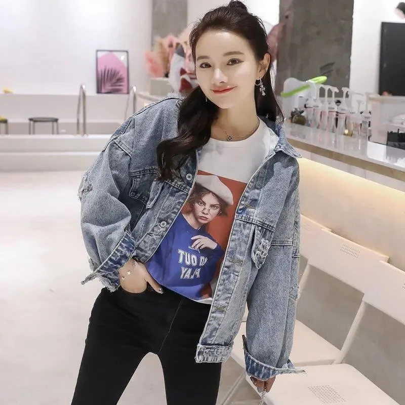 Fried Street Hole Denim Jacket Women's New Spring  Autumn Cowboy Jackets Female Outerwear Fashion Loose Casual Jacket Streetwear