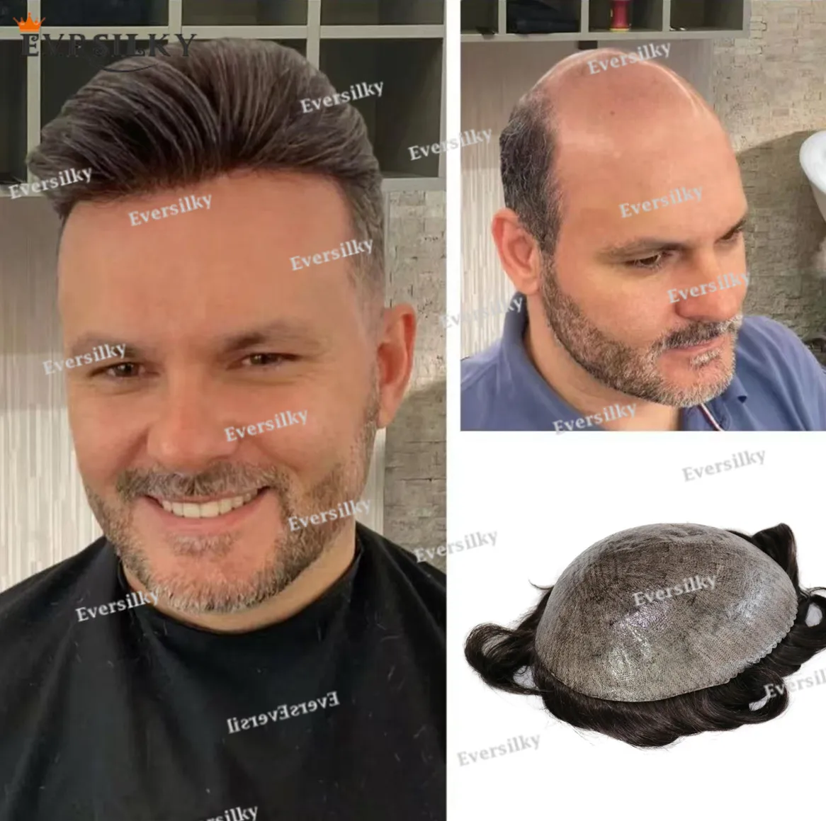 Super durable 100% Human hair Natural hairline Grey 1B10 Black Men's Toupee Thin skin Full Pu Silicone base Capillary Prosthesis