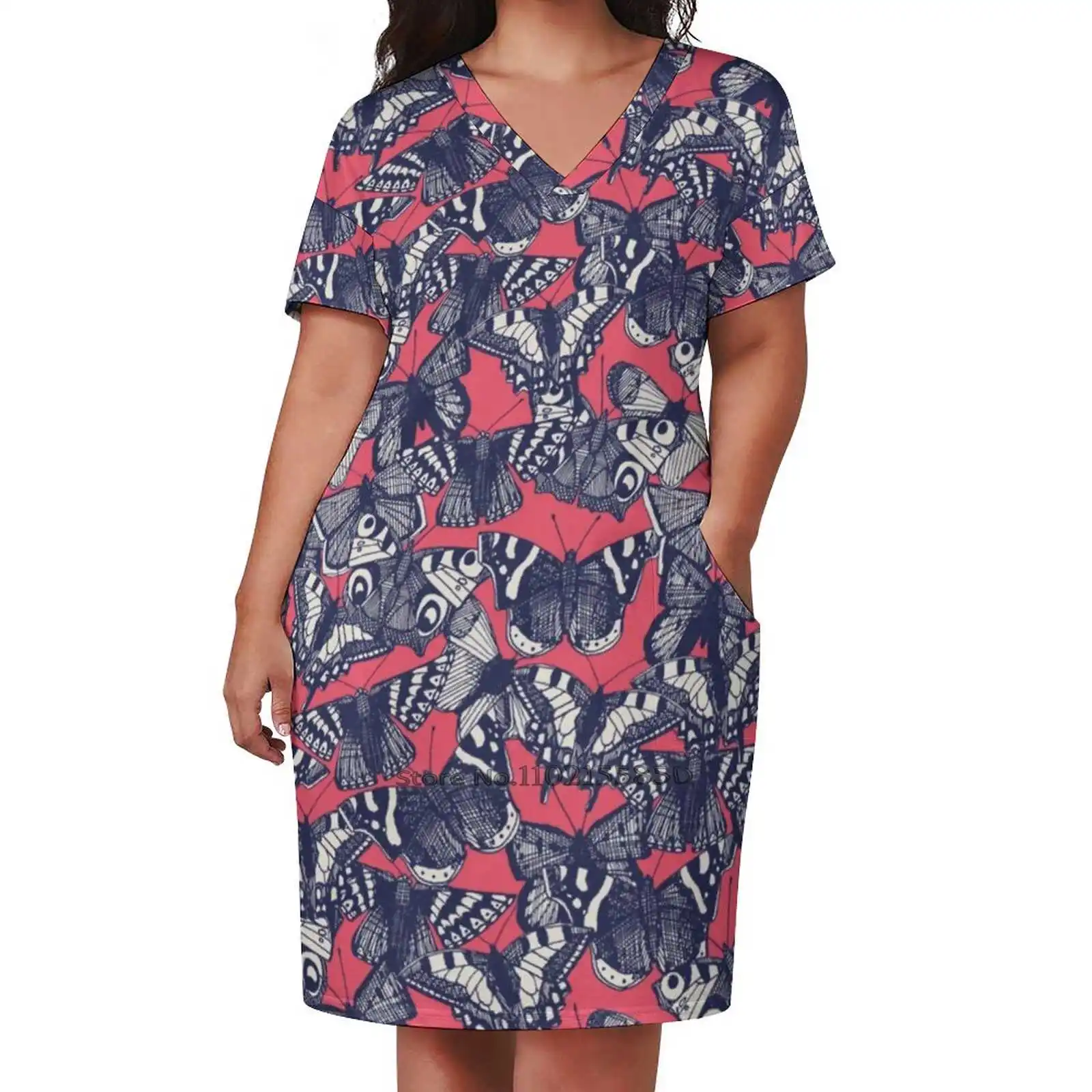 Strawberry Pink Loose Pocket Dress Print Short Sleeve Dresses V-Neck Dress 5Xl Insect Summer Pattern Blue Ivory Scrummy Sharon