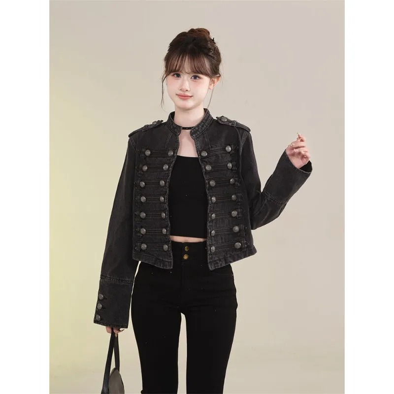 Women's Clothing Short Coat New Jeans Jacket Retro Button Design Slim Stand-up Collar Long Sleeves Denim Top Jacket Short Coat