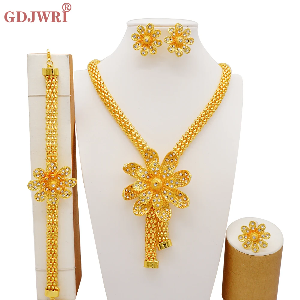 Fine Dubai Gold Color Jewelry Set Bridal Nigerian Jewellery African Flower Necklace Earrings Bracelet Ring Arabic Set Gift