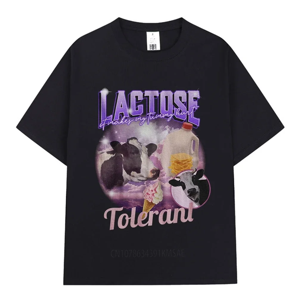 Lactose Tolerant Funny Meme Graphic T-Shirt Men Vintage Fashion Short Sleeve T-shirts Cotton Casual Loose Oversized T Shirt