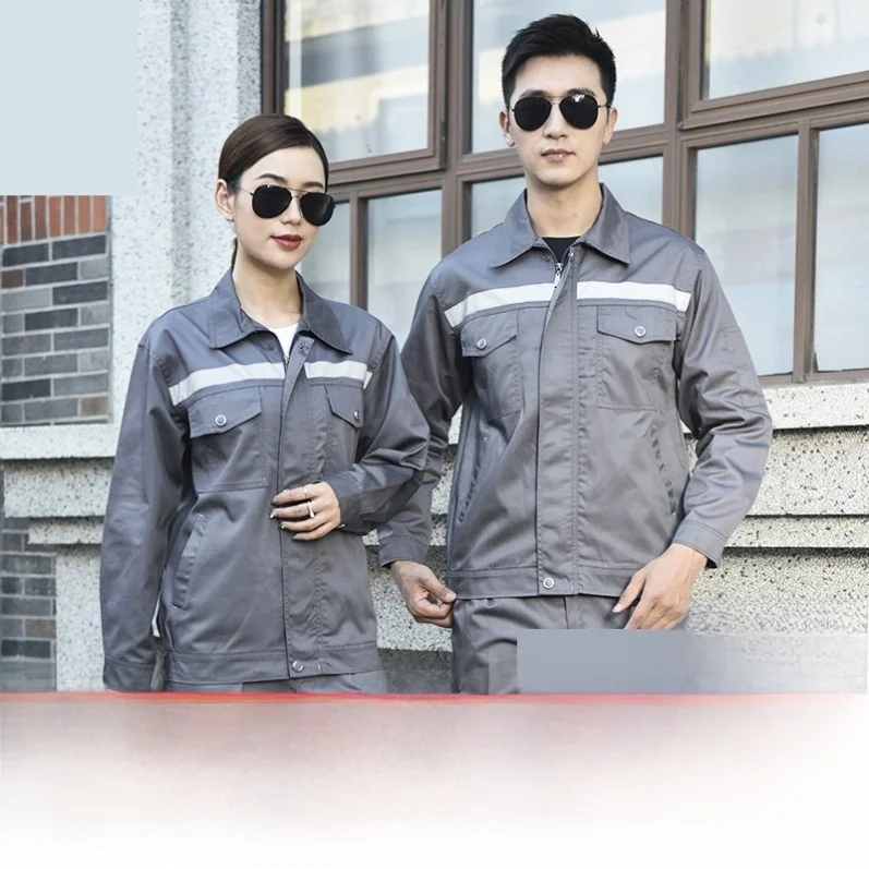 Męski zestaw roboczy na wiosnę/lato z długim rękawem, z odblaskowymi paskami, odporny na zużycie, młodzieżowy, z mieszanki bawełny i poliestru.