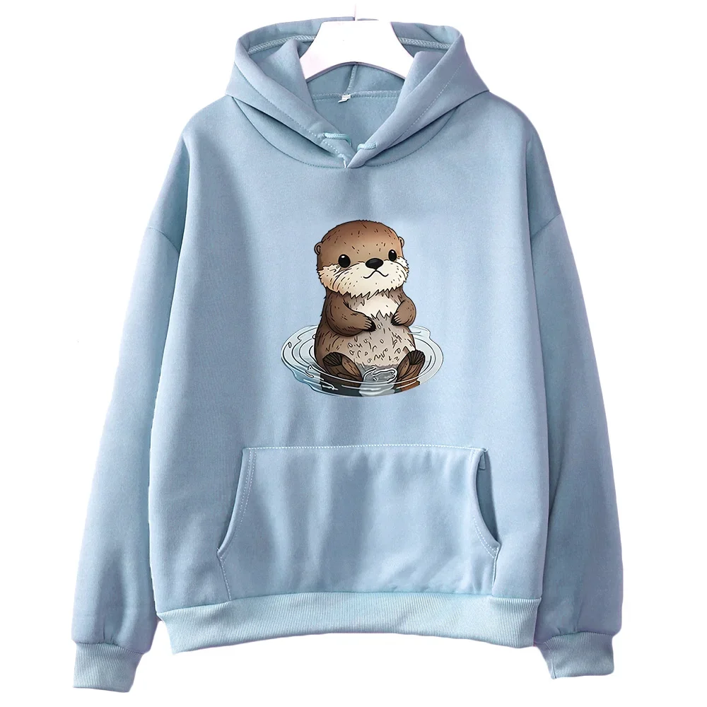 Otters Hoodie hewan Kawaii wanita/pria, Hoodie kartun grafis musim gugur modis longgar bulu domba Sweatwear reguler