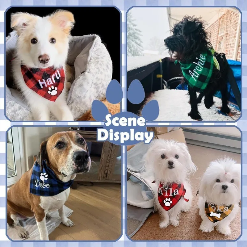 Embroidery Name Dog Bandana Custom Pet Scarf Bandana For Dog Cotton Plaid Washable Bow Tie Collar Cat Puppy Triangular Scarf Bib view 3