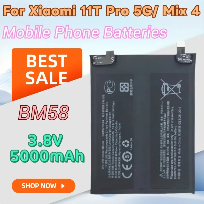 

100% New High Quality BM58 3.8V 5000mAh Replacement Mobile Phone Battery for Xiaomi 11T Pro 5G/ Mix 4