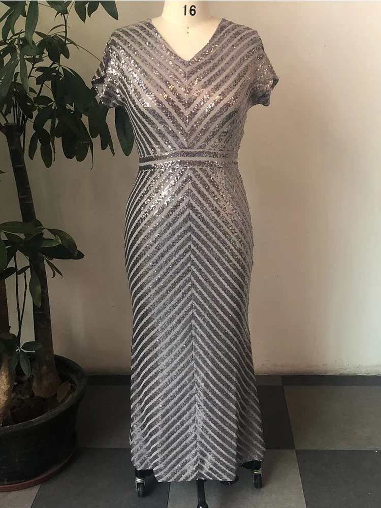 Robe de Soirée Longue de Forme Sirène pour Femme, Tenue Luxueuse, à Paillettes Brillantes, Col en V, Manches Courtes, Rayée, Élégante, 5XL, 2023