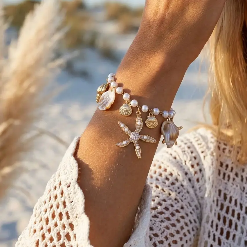 Ocean Style Imitation Pearl Starfish Shell Pendant Bracelet for Women Boho Conch Metal Chain Bangles Summer Beach Party Jewelry