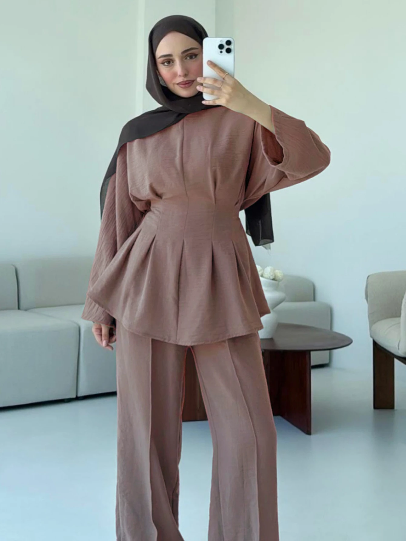 Eid Frauen 2-teiliges Set Schnürhemd Gerade Hose Muslimische Sets Ramadan Dubai Elegante Musulman Ensembles Arabische Lange Hose Marokko
